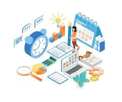 Isometric style illustration of business planning schedule with characters and date vector