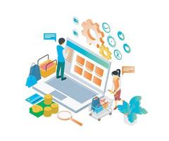 Isometric style illustration of a man shopping in an online store on his laptop