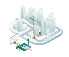Isometric style illustration about architect and team working supervising the field vector