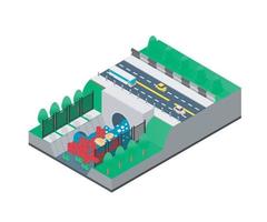 Isometric style illustration about garbage piled up in a river blocking the flow of water vector