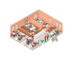 ilustración de estilo isométrico sobre restaurantes con aplicaciones de pedidos de mesa a través de teléfonos inteligentes vector