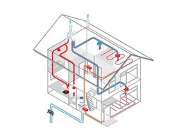 Isometric style illustration of heating pipe installation flow vector