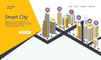 Landing page with smart city illustration icons vector