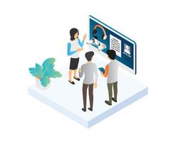 Isometric style illustration of online game developer presentation to partners vector