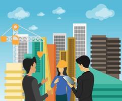 Isometric style illustration of the developers discussion to build a city vector