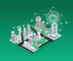 Isometric style illustration of smart city map with icons