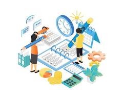 Isometric style illustration of business planning schedule with characters and date vector