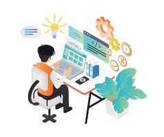 ilustración de estilo isométrico sobre un programador web que trabaja con su computadora vector