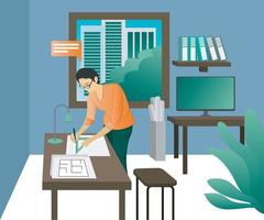 Flat style illustration about an architect working in his office vector