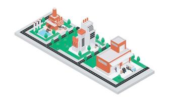 ilustración de estilo isométrico sobre el proceso de entrega de productos de producción desde la fábrica hasta el almacén vector