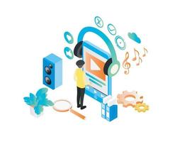 Isometric style illustration about a person listening to music or video on a smartphone vector