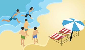 Isometric style illustration on vacation to the beach with friends vector