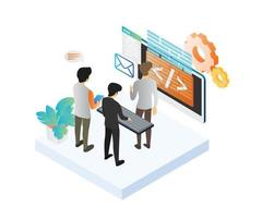 Isometric style illustration of programmer working with team vector