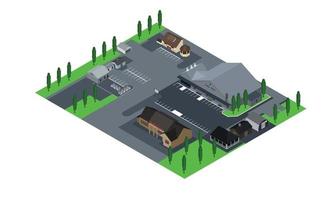 Isometric style illustration of a building and parking lot vector