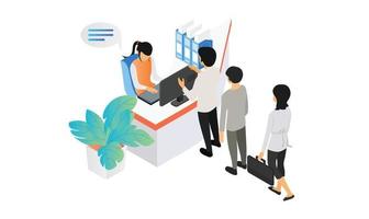 Isometric style illustration of a cashier serving a customer
