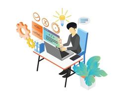 Isometric style illustration about a web programmer working with his computer vector