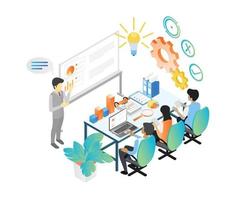 Isometric style illustration about a business team having a business growth meeting and discussion vector