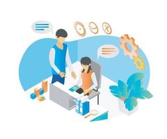 Isometric style illustration of a person sharing ideas with his coworkers vector