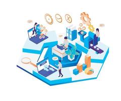 Isometric style illustration about a team of marketing workers completing their respective jobs