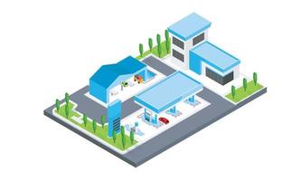 Isometric style illustration of a gas station complete with car wash and shop vector