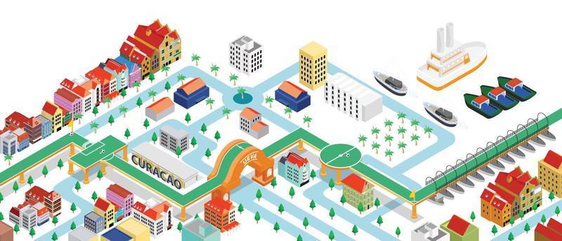 Isometric style illustration of curacao map with buildings and landmarks