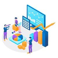 Auditing, business analysis concept with characters. Concept of opportunities. Graphic and audit documentation, economic analysis financial budget. Illustration Flat isometric vector background
