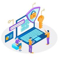 Infographic, banner with hero protect data and confidentiality. Safety and confidential data protection, concept with character saving code and check access. Flat isometric vector illustration