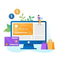 E-shop, shopping concept with characters. Commercial checkout pay, ecommerce retail on device for customer application. Discount for woman smart purchasing. Flat vector illustration