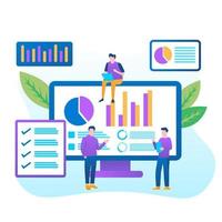 Data analysis concept with characters. Engine strategy, analyzing, infographic of workplace for developers, workspace for creative optimization. Template for web banner, flat isometric illustration vector