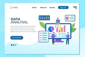 Data analysis concept with characters. Engine strategy, analyzing, infographic of workplace for developers, workspace for creative optimization. Template for web banner, flat isometric illustration vector