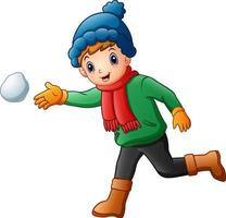 Cute little boy in winter clothes throwing snowball vector