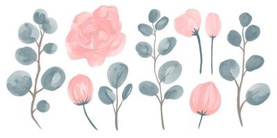 Collection of watercolor flowers and eucalyptus branches for wedding compositions. Vector illustration.