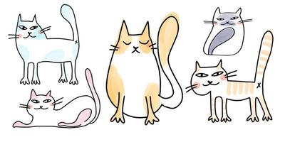 Collection of funny doodle cats with watercolor spots on the background in cartoon style. vector