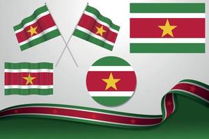 conjunto de banderas de surinam en diferentes diseños, icono, banderas desolladas con cinta con fondo. vector