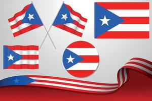 Set Of Puerto Rico Flags In Different Designs, Icon, Flaying Flags With ribbon With Background. vector