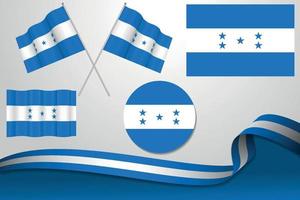 Set Of Honduras Flags In Different Designs, Icon, Flaying Flags With ribbon With Background.