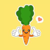kawaii y lindo personaje de emoji de zanahoria aislado sobre fondo de color. Lema de burbuja de discurso y zanahoria naranja divertida y fresca de estilo kawaii. emoticono de comida de dibujos animados de diseño plano. pegatina de personaje dulce y elegante vector