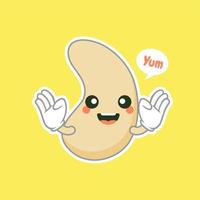 cute and kawaii cashew kidney shape nut flat cartoon character. Vector bean with head and eyes, comic superfood hero. Vegetarian food, healthy vegetable