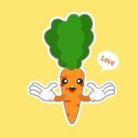 Kawaii and Cute carrot emoji character isolated on color background. Kawaii style fresh funny orange carrot and speach bubble slogan. Flat design cartoon food emoticon. Sweet stylish character sticker vector