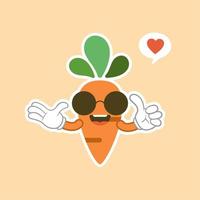 Cute and kawaii carrot cartoon character. Vector isolated image of a carrot, healthy vegetable, plant, tops, root. Sweet face mascot. Image for poster, postcard, fabric print, childrens clothes