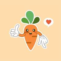 Cute and kawaii carrot cartoon character. Vector isolated image of a carrot, healthy vegetable, plant, tops, root. Sweet face mascot. Image for poster, postcard, fabric print, childrens clothes