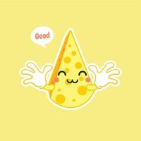 lindo y kawaii personaje de queso awaii. divertido queso sonriente feliz. icono de ilustración de personaje de caricatura plana. feliz personaje asiático divertido para el menú del restaurante infantil, pegatina de comida rápida vector