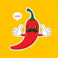 Ilustración de vector de diseño plano de carácter de chile lindo y kawaii. se puede utilizar en el menú del restaurante, en los libros de cocina y en la etiqueta de la granja orgánica. personaje de dibujos animados de ají picante