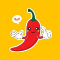 cute and kawaii chili character flat design vector illustration. can be used in restaurant menu, cooking books and organic farm label. Hot chili pepper cartoon character