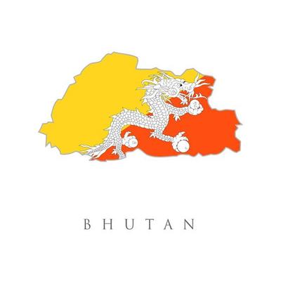 Bhutan country flag inside map contour design icon logo. Bhutan Map Flag. Map of Bhutan with the Bhutanese national flag isolated on white background. Vector illustration.