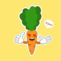 kawaii y lindo personaje de emoji de zanahoria aislado sobre fondo de color. Lema de burbuja de discurso y zanahoria naranja divertida y fresca de estilo kawaii. emoticono de comida de dibujos animados de diseño plano. pegatina de personaje dulce y elegante vector