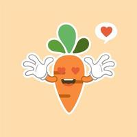 Cute and kawaii carrot cartoon character. Vector isolated image of a carrot, healthy vegetable, plant, tops, root. Sweet face mascot. Image for poster, postcard, fabric print, childrens clothes