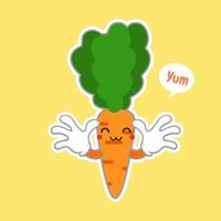 Kawaii and Cute carrot emoji character isolated on color background. Kawaii style fresh funny orange carrot and speach bubble slogan. Flat design cartoon food emoticon. Sweet stylish character sticker vector