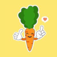 Kawaii and Cute carrot emoji character isolated on color background. Kawaii style fresh funny orange carrot and speach bubble slogan. Flat design cartoon food emoticon. Sweet stylish character sticker vector