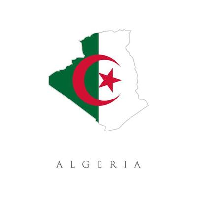 Algeria country flag inside map contour design icon logo. Algeria flag map. The flag of the country in the form of borders. Stock vector illustration isolated on white background.